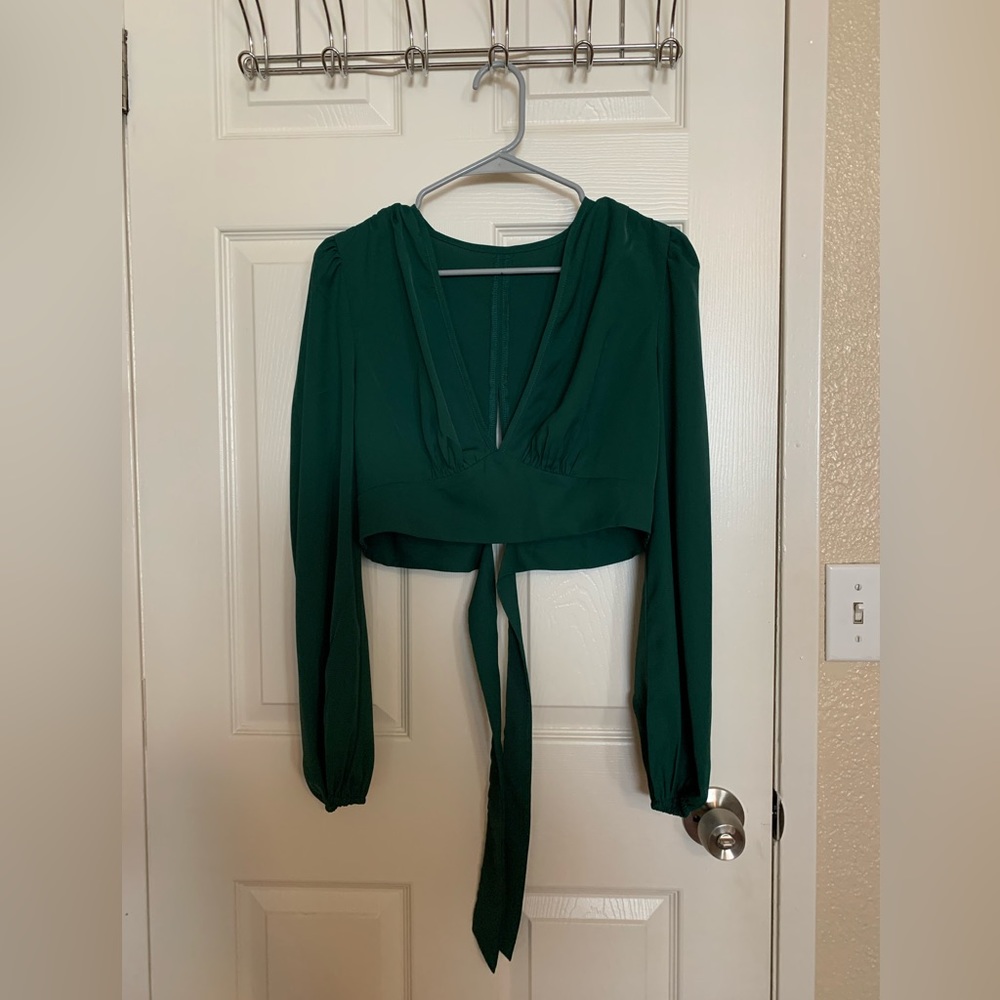 Dark Green Deep V blouse top size M